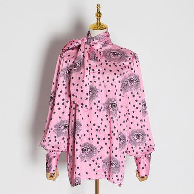 Bowknot printed pink blouse