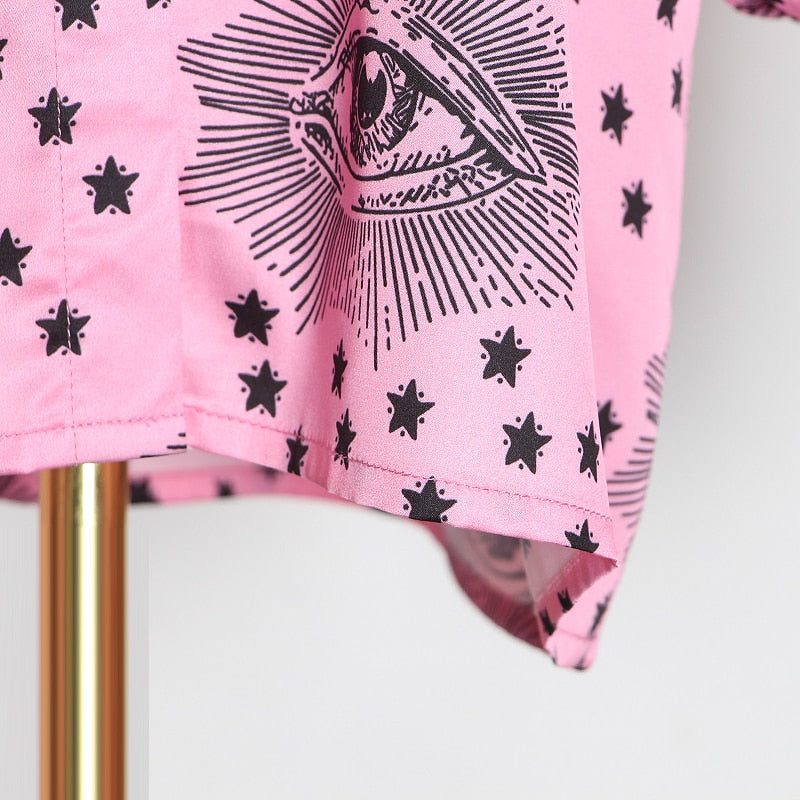 Bowknot printed pink blouse