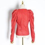 Polka Dot Ruched V Neck Puff Sleeve Shirt