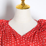 Polka Dot Ruched V Neck Puff Sleeve Shirt
