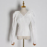 Polka Dot Ruched V Neck Puff Sleeve Shirt