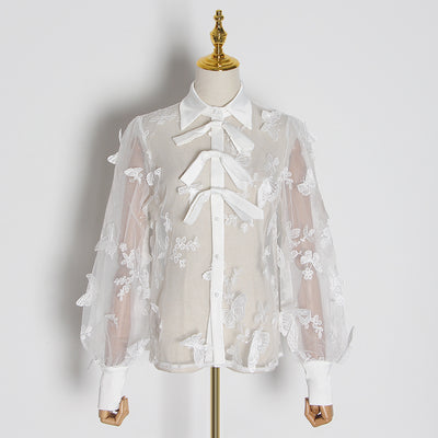 Butterfly Embroidered Lantern Sleeve Blouse In Colors