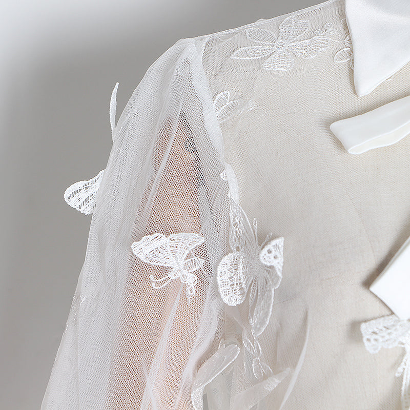Butterfly Embroidered Lantern Sleeve Blouse In Colors