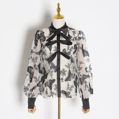 Butterfly Embroidered Lantern Sleeve Blouse In Colors