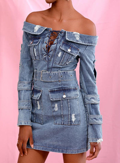 Off-shoulder denim mini dress