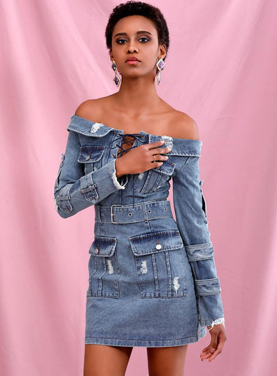 Off-shoulder denim mini dress
