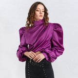 Turtleneck satin blouse in purple