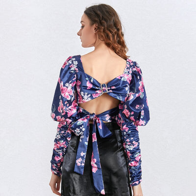 Puff-sleeve ruched floral top