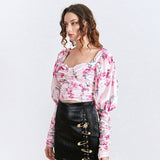 Puff-sleeve ruched floral top