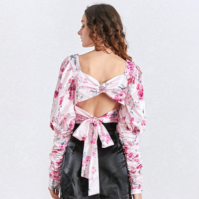 Puff-sleeve ruched floral top