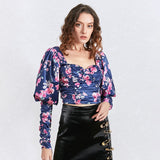 Puff-sleeve ruched floral top