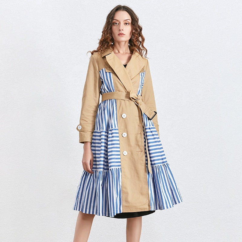 Patchwork Striped High Waist Sashes Coat