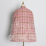 Plaid feathered belted cloak