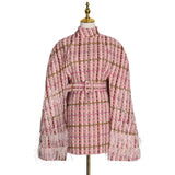 Plaid feathered belted cloak