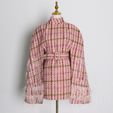 Plaid feathered belted cloak