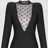 Black sheath dress with mesh neckline