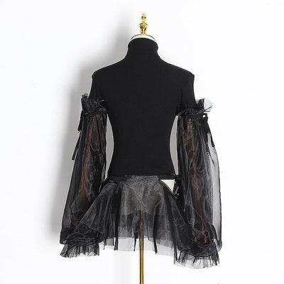 Turtleneck mesh sleeve pullover