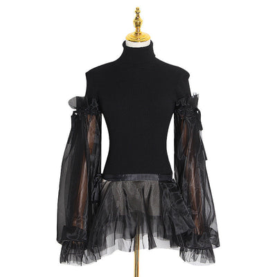 Turtleneck mesh sleeve pullover