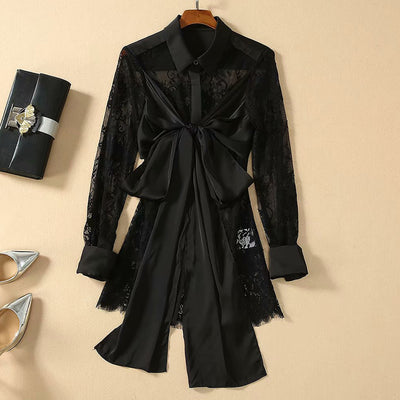 Black and White Bowknot Lace Blouse