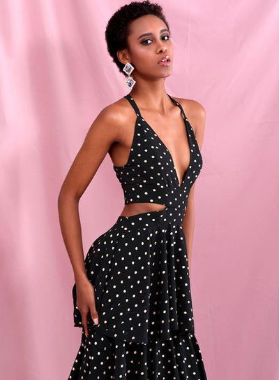 FIORELLA Polka Dot Layered Ruffled Maxi Dress