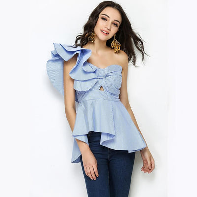 Sweetheart One Shoulder Ruffles Plaid Tops