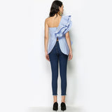 Sweetheart One Shoulder Ruffles Plaid Tops