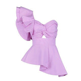 Sweetheart One Shoulder Ruffles Plaid Tops