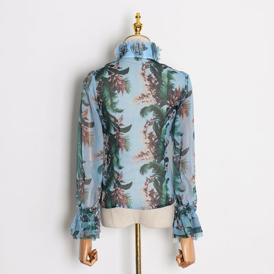 Ruffled bow mesh blouse floral