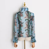 Ruffled bow mesh blouse floral