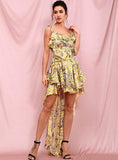 SELENA ruffled floral dress with trail