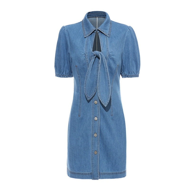 Bowknot short-sleeve denim dress