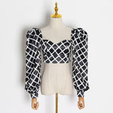 Lantern-sleeve plaid sweetheart crop top
