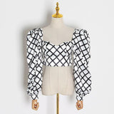 Lantern-sleeve plaid sweetheart crop top