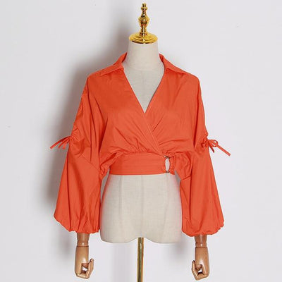 Lantern-sleeve V-Neck crop top in colors