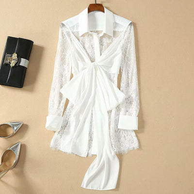 Black and White Bowknot Lace Blouse