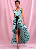 Turquoise polka dot hollow-out dress
