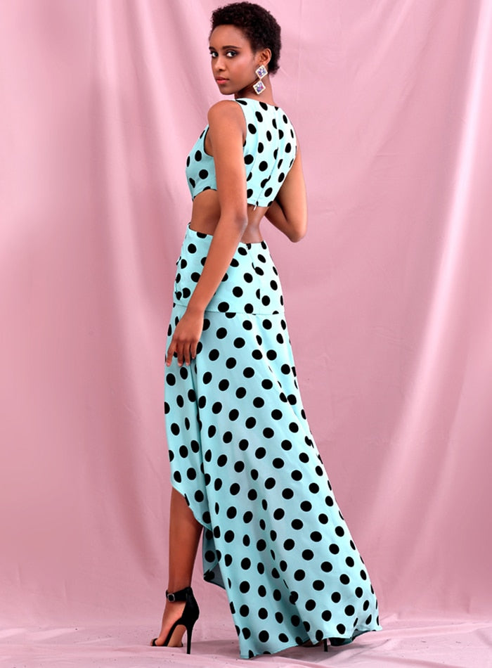 Turquoise polka dot hollow-out dress