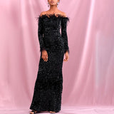 MALACHITE Black feathered sequins gown
