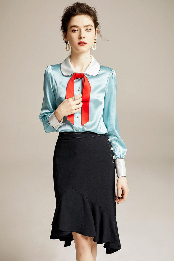 Fairy red bow lapel silk blouse