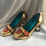 Queen of Hearts High-Heeled Golden Pumps