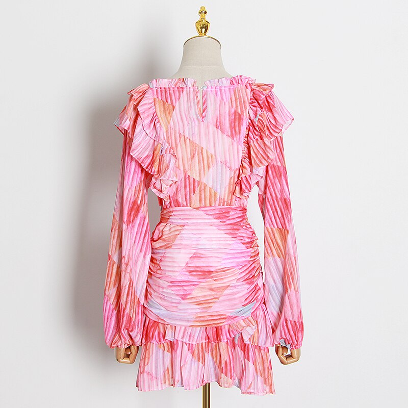 Lantern-sleeve cascade ruffles pink dress