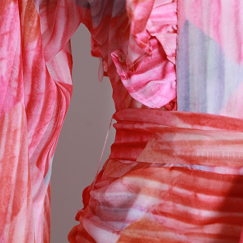 Lantern-sleeve cascade ruffles pink dress