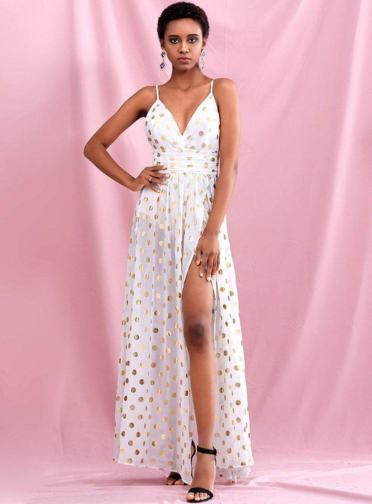 Golden polka dot holiday gown in white