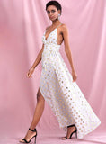 Golden polka dot holiday gown in white