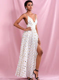 Golden polka dot holiday gown in white