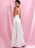 Golden polka dot holiday gown in white