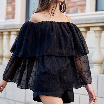 Off-shoulder polka dot mesh shirt