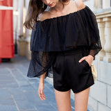 Off-shoulder polka dot mesh shirt