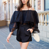 Off-shoulder polka dot mesh shirt