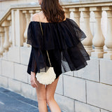 Off-shoulder polka dot mesh shirt